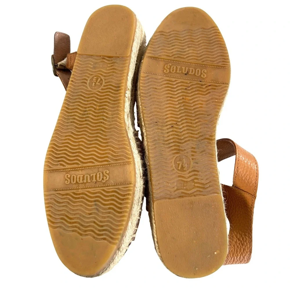 Soludos Womens Tan Pebbled Leather Ankle Strap Espadrille Sandals Size 7.5 Flat